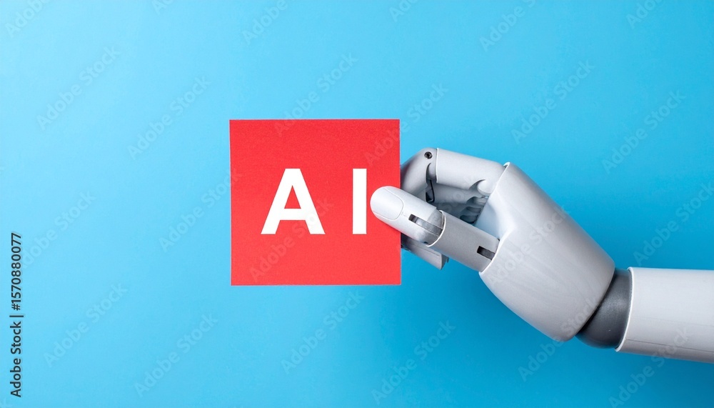 Poster an artificial intelligence robotic hand holding an ai card