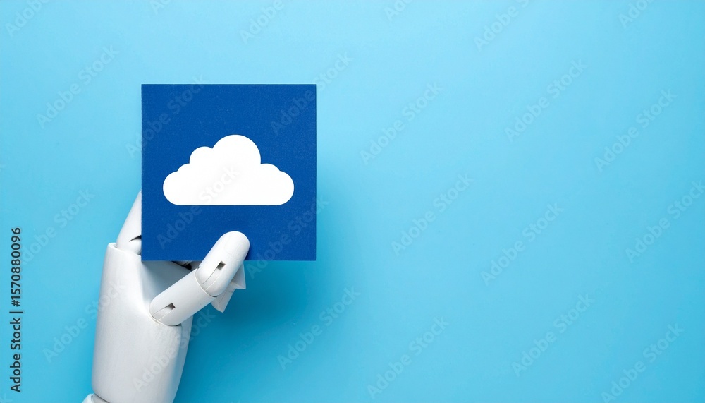 Poster a robotic hand holding a blue block with a white cloud icon. the image is set against a vivid blue b