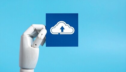 A robotic hand presenting a cloud upload icon, symbolizing data transfer and digital innovation. The image is set against a soft blue backdrop