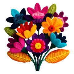 Bright layered crochet flower bouquet, vibrant wool petals with leafy stems, handmade aesthetic,...