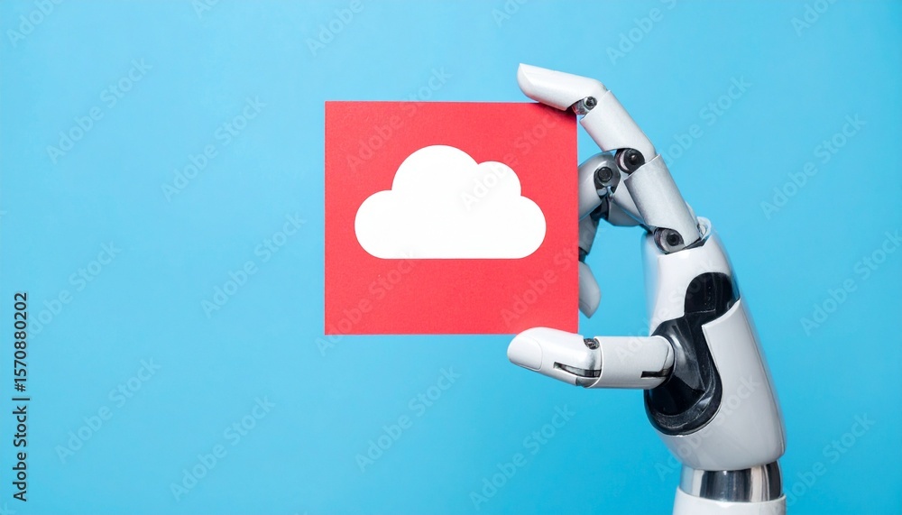 Poster a robotic hand holding a cloud icon, representing cloud computing and digital technology. the backgr