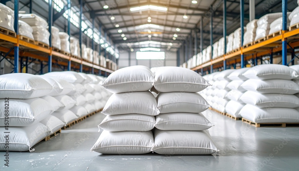 Poster large sacks of goods neatly stacked in a spacious warehouse. sunlight streams in from a high window,
