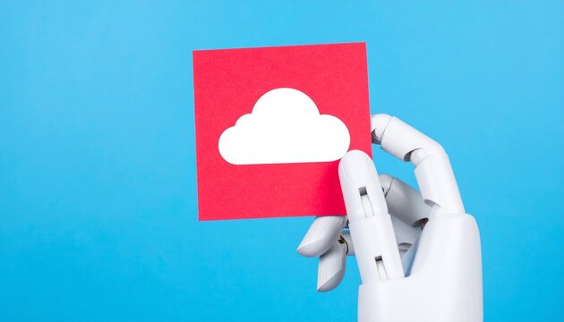 A robotic hand holding a red card with a cloud icon, representing digital cloud storage - Powered by Adobe