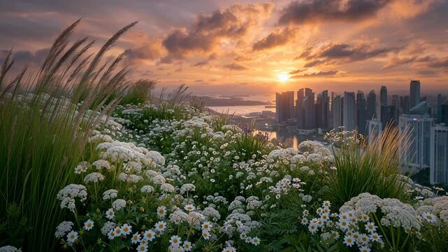 Urban Skyline at Sunrise: Nature Meets Cityscape with Wildflowers and Clouds