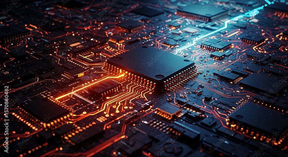 Aufkleber night macro of a glowing computer circuit board with intricate electronic components, showcasing dig