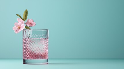 A clear glass with textured patterns contains a pink drink with ice cubes, garnished with small pink flowers and green leaves against a soft blue background.