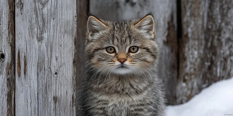 Adorable gray brown tabby cat looking ahead in a cozy winter setting near rustic wooden farmhouse