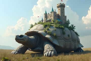 A castle perched on the back of a colossal stone tortoise.
