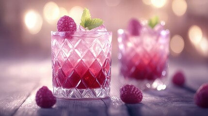 Two crystal glasses with raspberry cocktails garnished with fresh raspberries and mint leaves on a wooden surface with bokeh lights in the background.