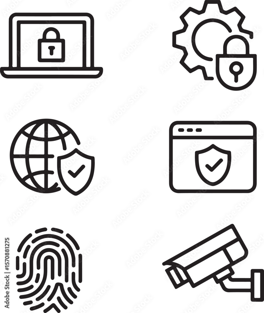 Poster collection of cybersecurity icons depicting data protection, network security, and access control sy