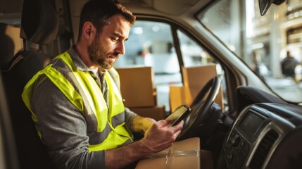 The delivery driver using a smartphone while surrounded by boxes in a van.