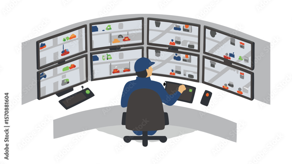 Poster man in control room monitoring multiple screens displaying various scenes and objects in the facilit