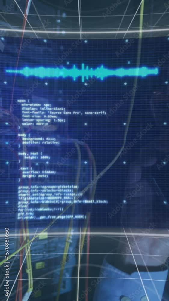 Poster animation of data over asian male it engineer with phone checking computer server
