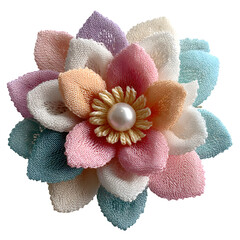 Chic crochet flower hair clip with layered pastel petals and central pearl detail, feminine...