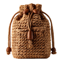Chic crochet pouch with drawstring and textured flap, rustic brown yarn with artisan charm,...