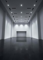 Fototapeta premium A large empty room with a black floor and white walls the room is lit by a series of lights creating a stark and minimalist atmosphere Empty room interior design architecture blank design room