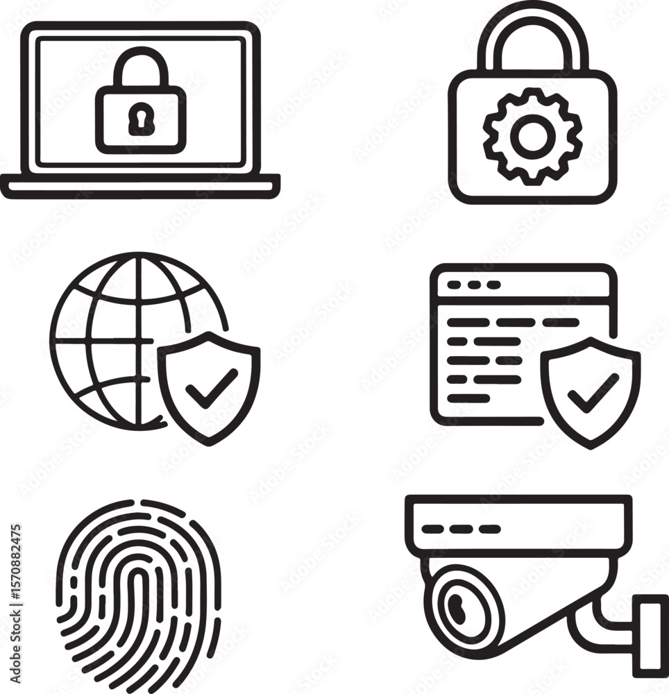 Poster security features and internet protection icons set depicting technology safety measures and authent