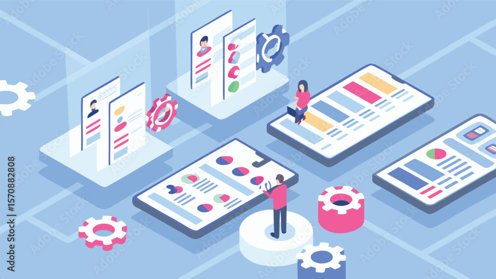 Aufkleber isometric illustration of a pie chart with people and data visualizations on a blue background