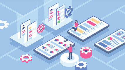 Obraz premium Isometric illustration of a pie chart with people and data visualizations on a blue background