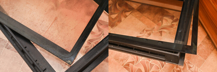 The glass of the oven door is dirty and clean, compare
