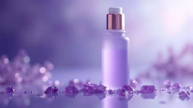 Luxury Amethyst-toned Serum Bottle with Crystals:  Elegant Skincare Product Mockup, Purple Background.