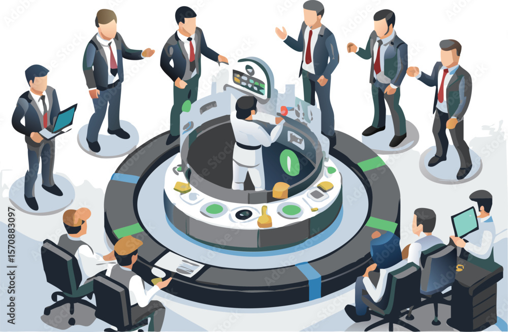 Poster isometric view of a group of business people around a central control hub with a worker inside