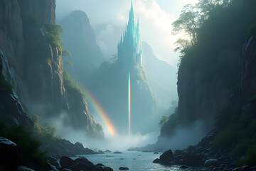 A glass castle refracts rainbow light over a misty canyon.
