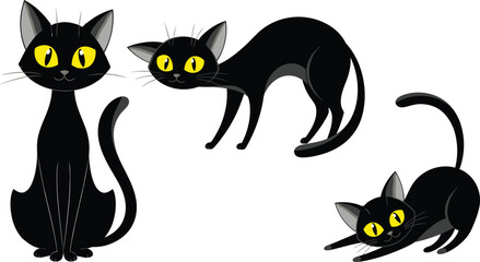 Collection of five cute cartoon black cats with bright yellow eyes in various playful poses