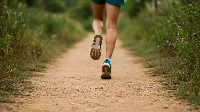 A woman is running on a dirt path through the countryside on a sunny day