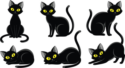 Obraz premium Collection of cute black cats with bright yellow eyes in various poses