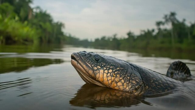 A large, dark-colored fish with yellow markings partially submerged in a calm river, lush green rainforest in the background