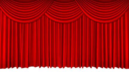 Red stage curtain with top edge, velvet curtain for movie, concert or drama scenes. PNG transparent.