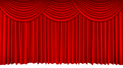 Red stage curtain with top edge, velvet curtain for movie, concert or drama scenes. PNG transparent.