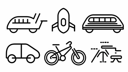 Fototapeta premium Simple line art icons of various transportation modes, including a trailer, rocket, train, car, bicycle, and other vehicles. Possible use for website icons, apps, or educational materials
