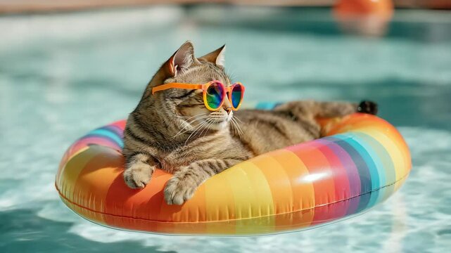 Cute cat relaxes in colorful floatie at poolside on a sunny day