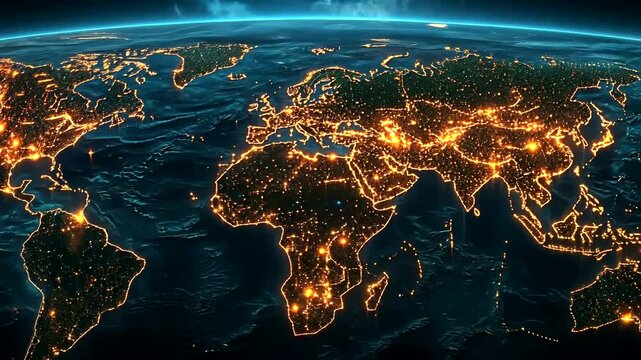 Earth at night city lights from space view, global connection and urbanization