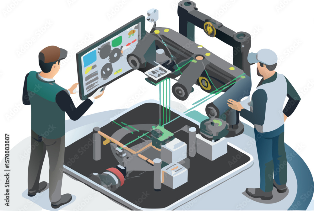 Poster two engineers inspecting a complex machine with robotic arms and a monitor display in a factory sett