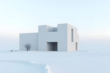 A minimalist modern castle built of white stone in the tundra.
