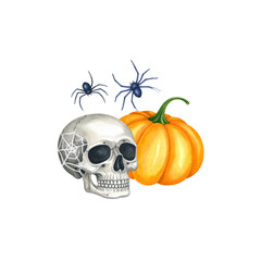 Illustration of orange Halloween pumpkin and skull with scary face isolated on white background