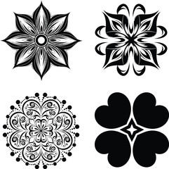 Obraz premium Collection of four black and white decorative floral and heart designs on a white background