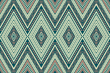 Seamless ethnic geometric pattern with traditional tribal elements, featuring diamond shapes and zigzag lines in earthy tones of beige, teal, and coral. Ideal for textile, wallpaper, and background 