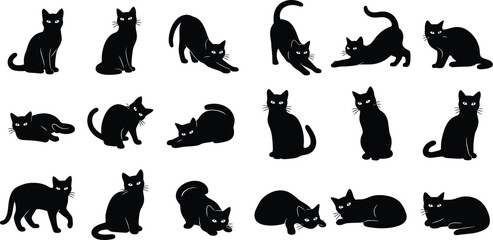 Collection of black cat silhouettes in various poses on a white background