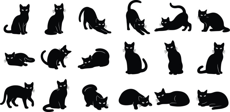Collection of black cat silhouettes in various poses on a white background - Powered by Adobe