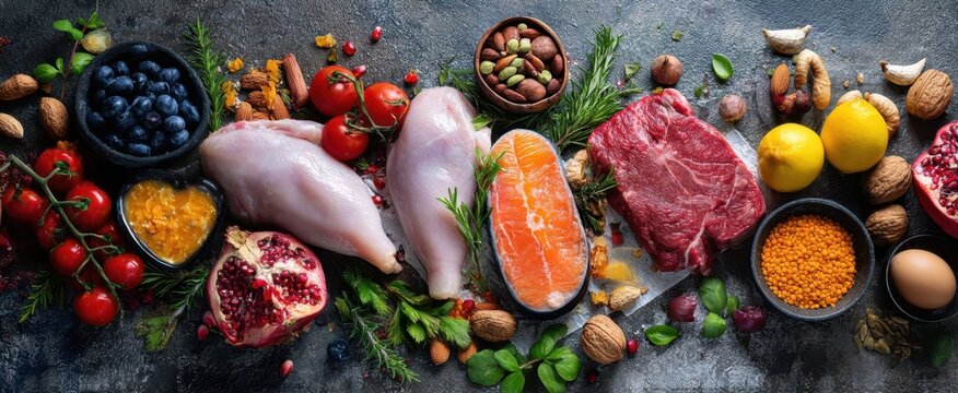 The vibrant assortment of fresh meats, fruits, and vegetables on a textured surface. - Powered by Adobe