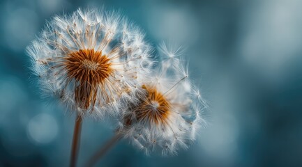 Two delicate, fluffy dandelion seed heads,  brown centers, white seeds dispersing against a soft, blurred teal background