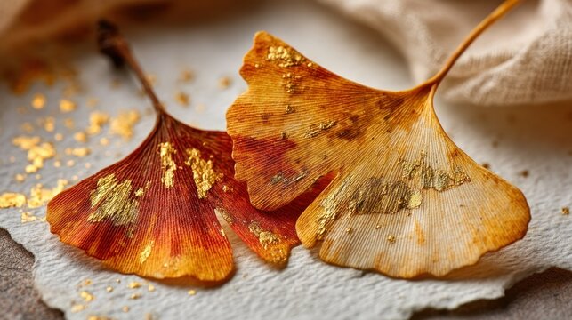 Gingko leaves gilded with gold flakes, warm, textured - Powered by Adobe