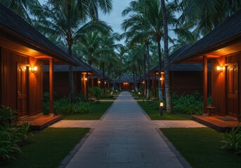 Obraz premium Serene Evening at a Tropical Resort Pathway to Paradise