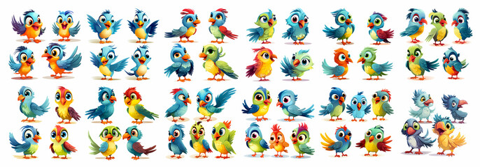 Vaste Collection d'Oiseaux de Dessins Animés aux Expressions et Couleurs Variées sur Fond Blanc