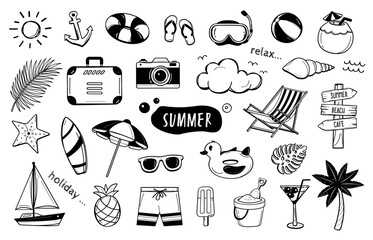 Fun summer doodle icon collection. Set of black and white design vector illustration. 