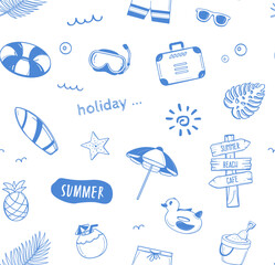Cool blue summer doodle pattern design. Vector illustration summer element. 